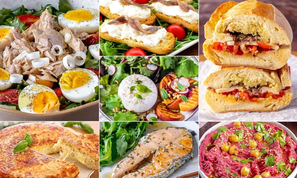 Collage of six quick meal ideas: tuna salad, bruschetta, sandwiches, burrata salad, omelet, salmon, and beet hummus.