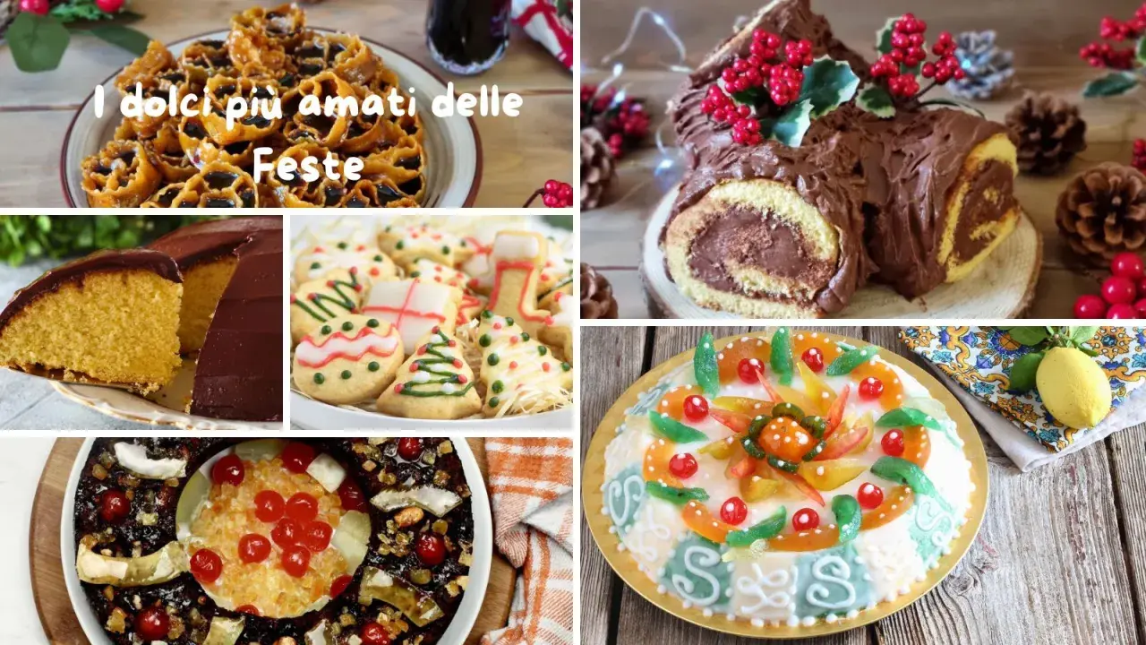 Collage of Italian holiday desserts: fried pastries, chocolate cake, Christmas cookies, Yule log, fruitcake, and a decorated cake.