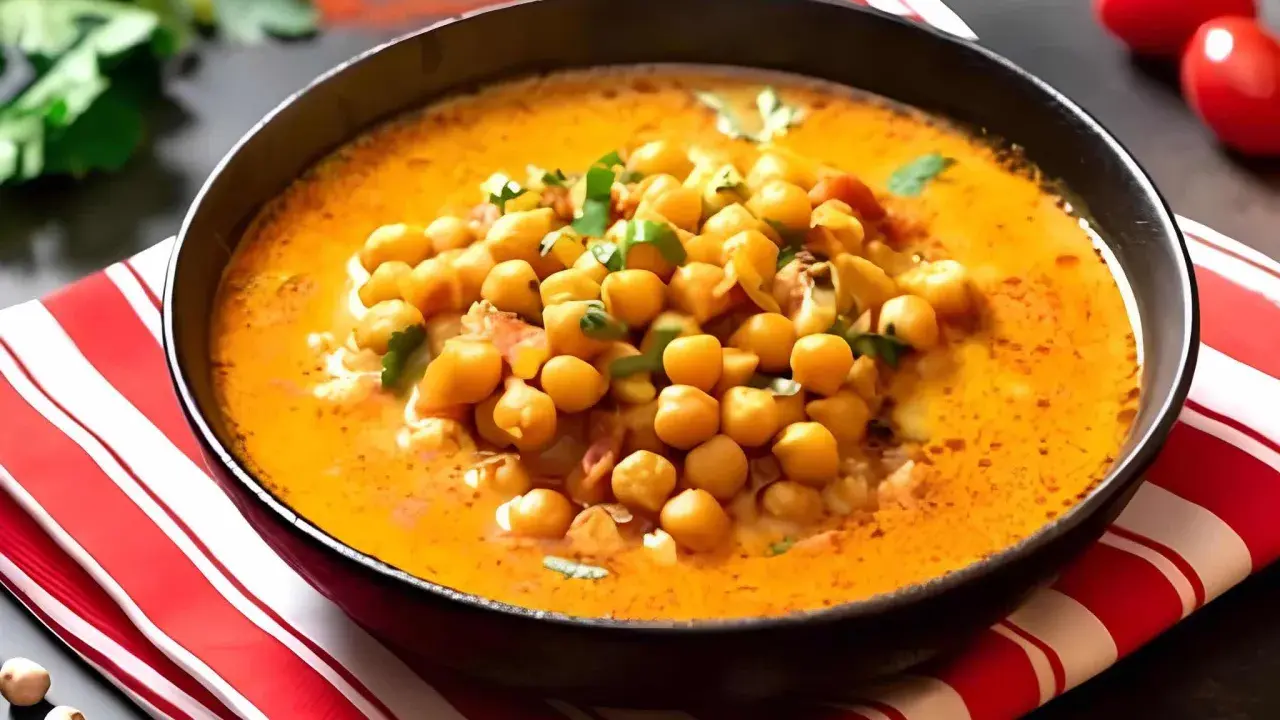 A bowl of creamy chickpea soup with fresh herbs, served on a red and white striped napkin.