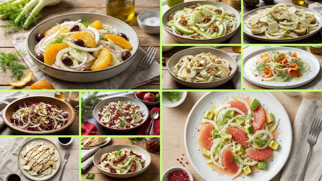 Collage of various fennel salads, including orange, apple, artichoke, salmon, and grapefruit variations.