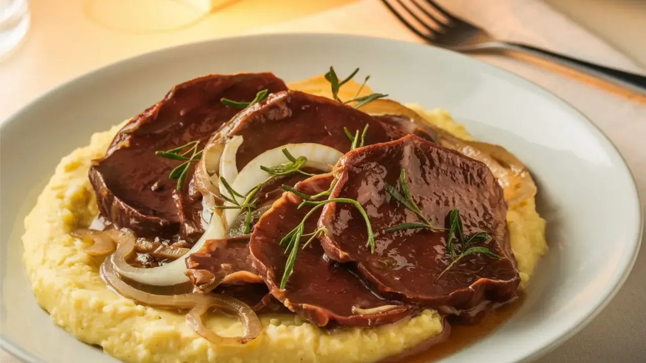 Sliced beef in sauce with onions and rosemary on a bed of polenta.