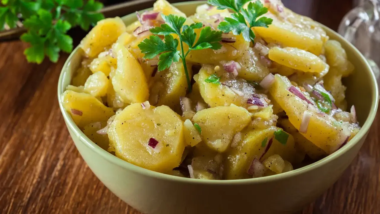 A bowl of German potato salad with red onion and parsley.
