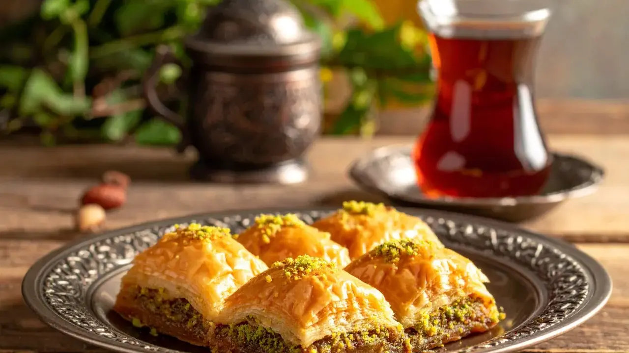 Four pieces of golden baklava topped with pistachios on a decorative silver plate, with a glass of tea and a copper pot in the background.