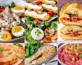 Collage of six quick meal ideas: tuna salad, bruschetta, sandwiches, burrata salad, omelet, salmon, and beet hummus.
