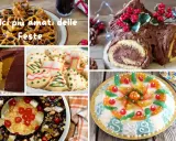 Collage of Italian holiday desserts: fried pastries, chocolate cake, Christmas cookies, Yule log, fruitcake, and a decorated cake.