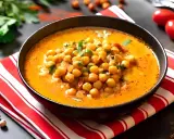 A bowl of creamy chickpea soup with fresh herbs, served on a red and white striped napkin.