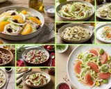 Collage of various fennel salads, including orange, apple, artichoke, salmon, and grapefruit variations.