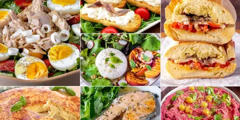Collage of six quick meal ideas: tuna salad, bruschetta, sandwiches, burrata salad, omelet, salmon, and beet hummus.