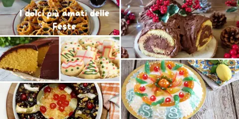 Collage of Italian holiday desserts: fried pastries, chocolate cake, Christmas cookies, Yule log, fruitcake, and a decorated cake.