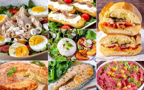Collage of six quick meal ideas: tuna salad, bruschetta, sandwiches, burrata salad, omelet, salmon, and beet hummus.