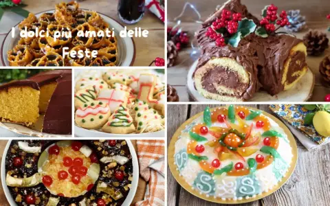 Collage of Italian holiday desserts: fried pastries, chocolate cake, Christmas cookies, Yule log, fruitcake, and a decorated cake.