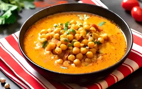 A bowl of creamy chickpea soup with fresh herbs, served on a red and white striped napkin.
