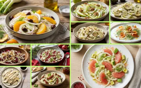 Collage of various fennel salads, including orange, apple, artichoke, salmon, and grapefruit variations.