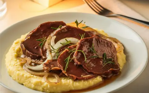 Sliced beef in sauce with onions and rosemary on a bed of polenta.