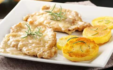 Two breaded cutlets in creamy sauce with rosemary, served with pan-fried potato slices.