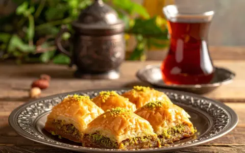 Four pieces of golden baklava topped with pistachios on a decorative silver plate, with a glass of tea and a copper pot in the background.