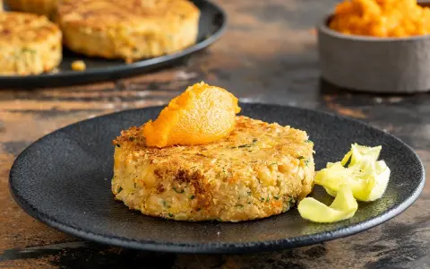 A golden-brown chickpea patty topped with orange puree on a black plate, with more patties in the background.