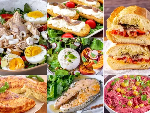 Collage of six quick meal ideas: tuna salad, bruschetta, sandwiches, burrata salad, omelet, salmon, and beet hummus.