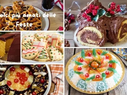 Collage of Italian holiday desserts: fried pastries, chocolate cake, Christmas cookies, Yule log, fruitcake, and a decorated cake.