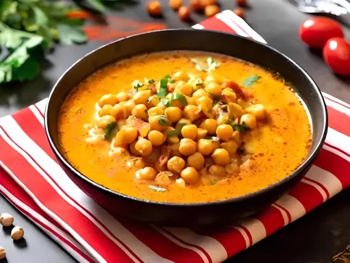 A bowl of creamy chickpea soup with fresh herbs, served on a red and white striped napkin.