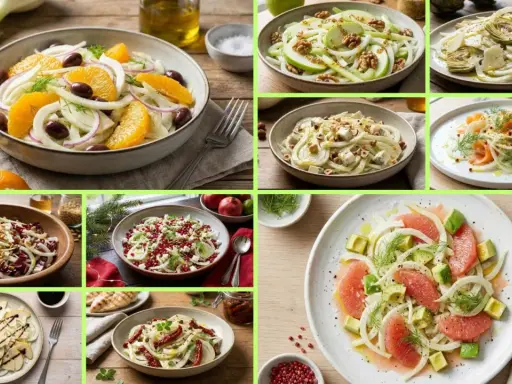 Collage of various fennel salads, including orange, apple, artichoke, salmon, and grapefruit variations.