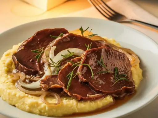 Sliced beef in sauce with onions and rosemary on a bed of polenta.