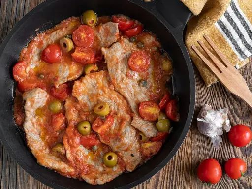 Thinly sliced meat in a tomato sauce with olives and cherry tomatoes in a black pan.