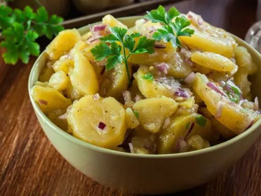 A bowl of German potato salad with red onion and parsley.