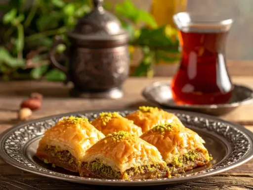 Four pieces of golden baklava topped with pistachios on a decorative silver plate, with a glass of tea and a copper pot in the background.
