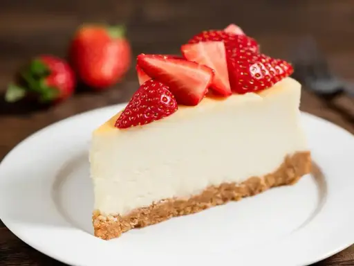 Slice of cheesecake topped with fresh strawberries on a white plate.