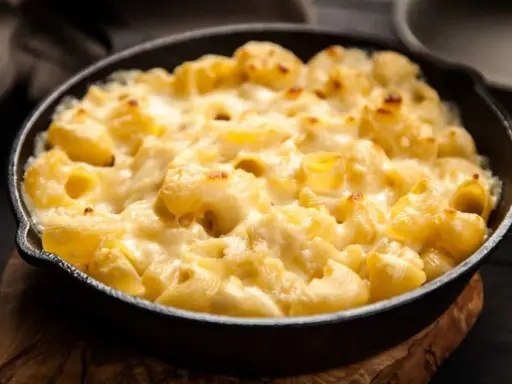 Baked pasta with creamy cheese sauce in a cast iron skillet.