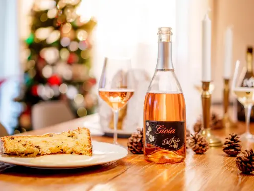A slice of panettone with sauce, a bottle of rosé spumante, and pinecones on a wooden table.
