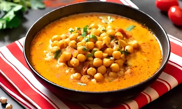 A bowl of creamy chickpea soup with fresh herbs, served on a red and white striped napkin.