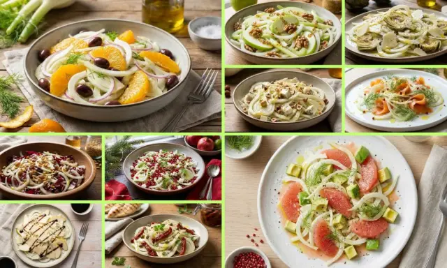 Collage of various fennel salads, including orange, apple, artichoke, salmon, and grapefruit variations.