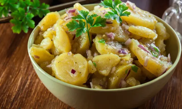 A bowl of German potato salad with red onion and parsley.