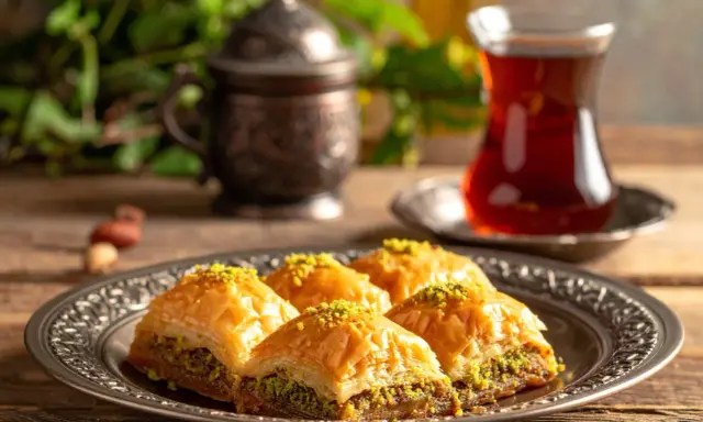 Four pieces of golden baklava topped with pistachios on a decorative silver plate, with a glass of tea and a copper pot in the background.